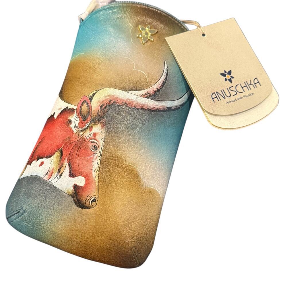 Anuschka Hand Painted Leather Phone Case Pouch Texas Longhorn One Size